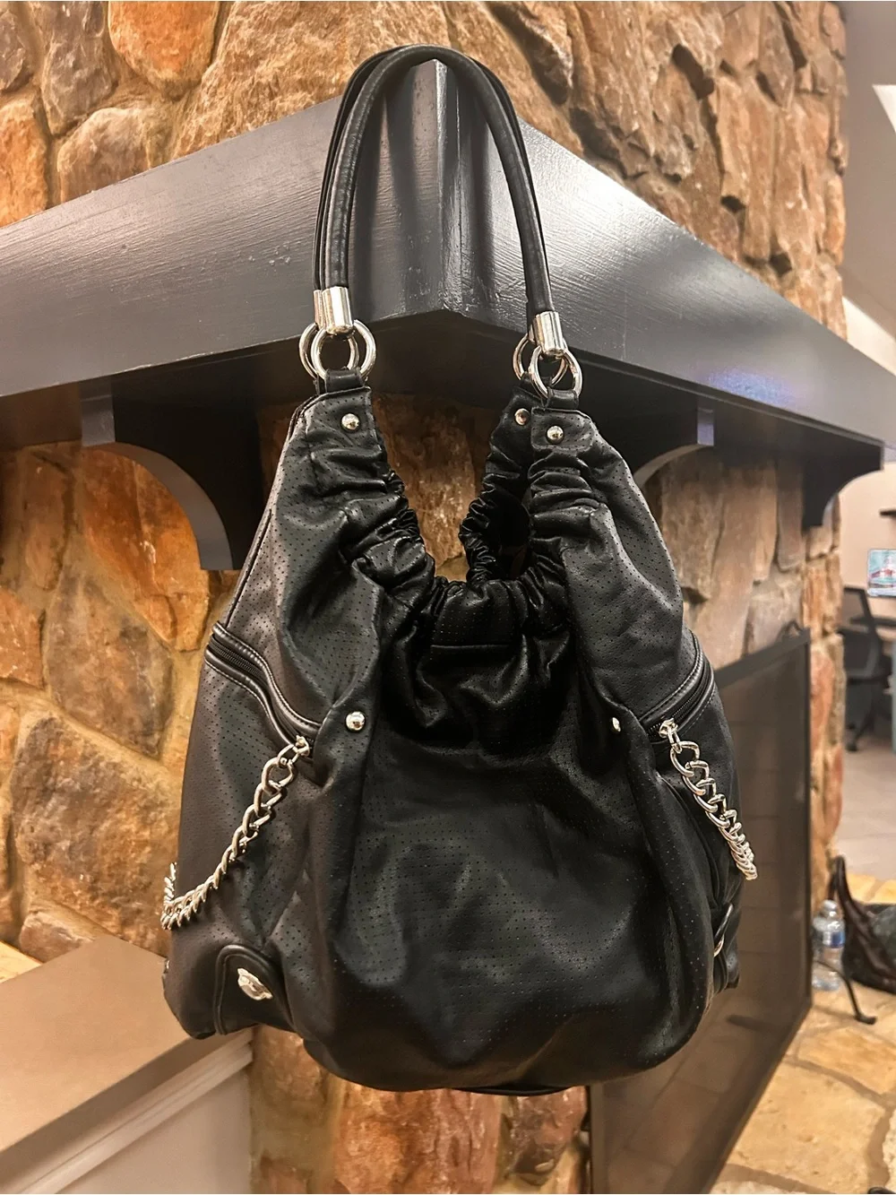 Rampage Black Bag with Gold and Cream Ring Print Clean & Excellent shape